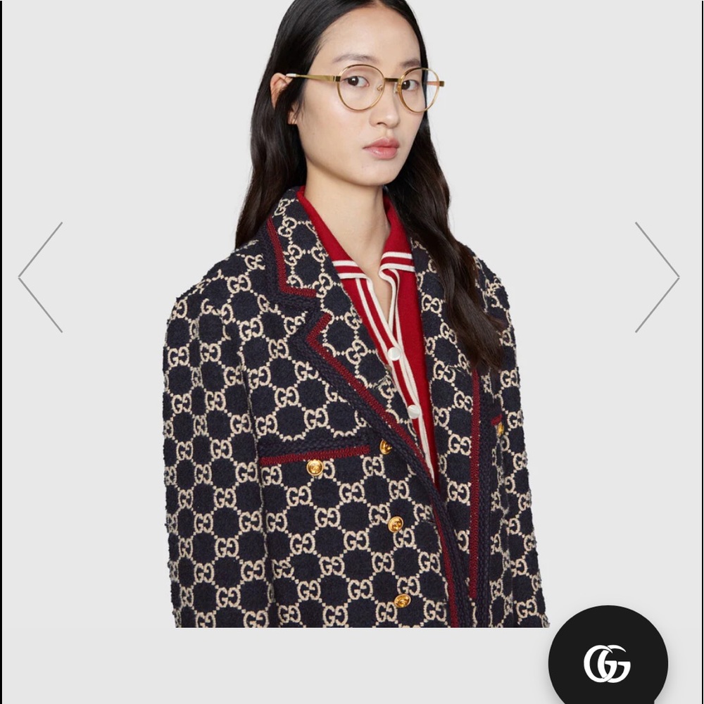 Gucci Macro Gg Tweed Knit Double Breasted Coat In Blue/ Mix